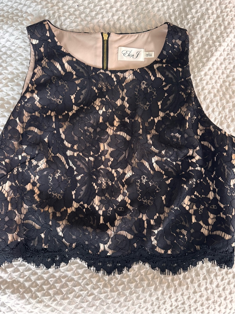 Eliza J Black Lace Overlay Nude Shell Cropped Top